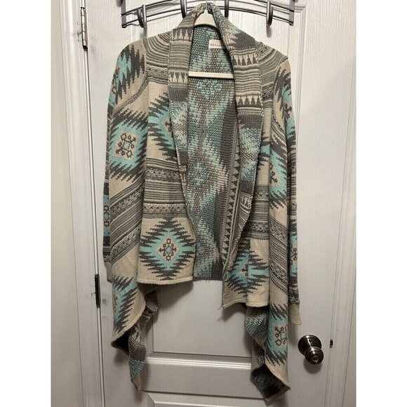 Dreamers Open Front Cardigan Sweater Women’s Medium/ Large Tribal Print Aqua - Picture 1 of 16